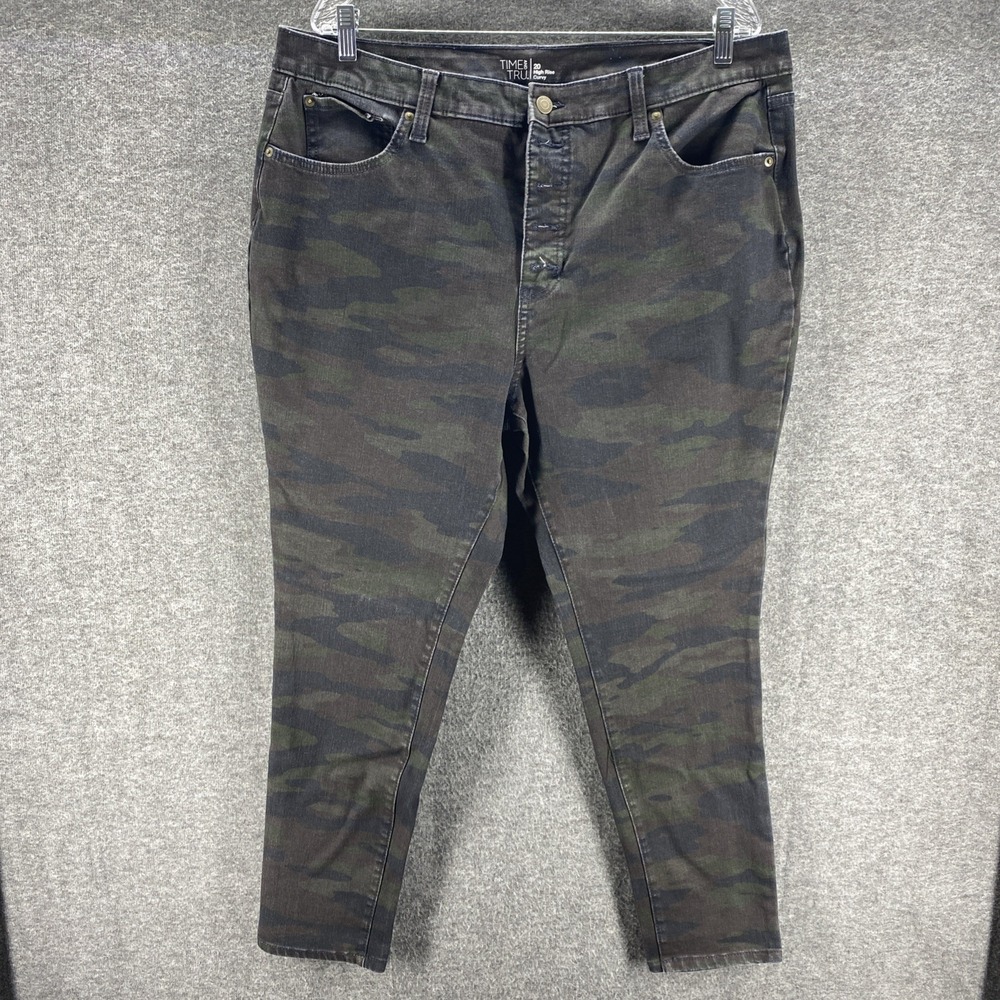 Time and Tru Jeans Womens 20 Green Camo High Rise Curvy Button Fly Skinny Pants
